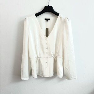 NWT J. Crew Ivory Cream Satin Like Button V neck Top w/Peplum Preppy Sexy Style